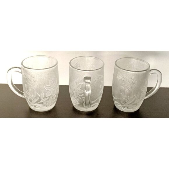 FROSTED FLORAL GLASS COFFEE TEA CUPS MUGS set of 3 Vintage Indonesia KIG Pasari - Picture 1 of 3
